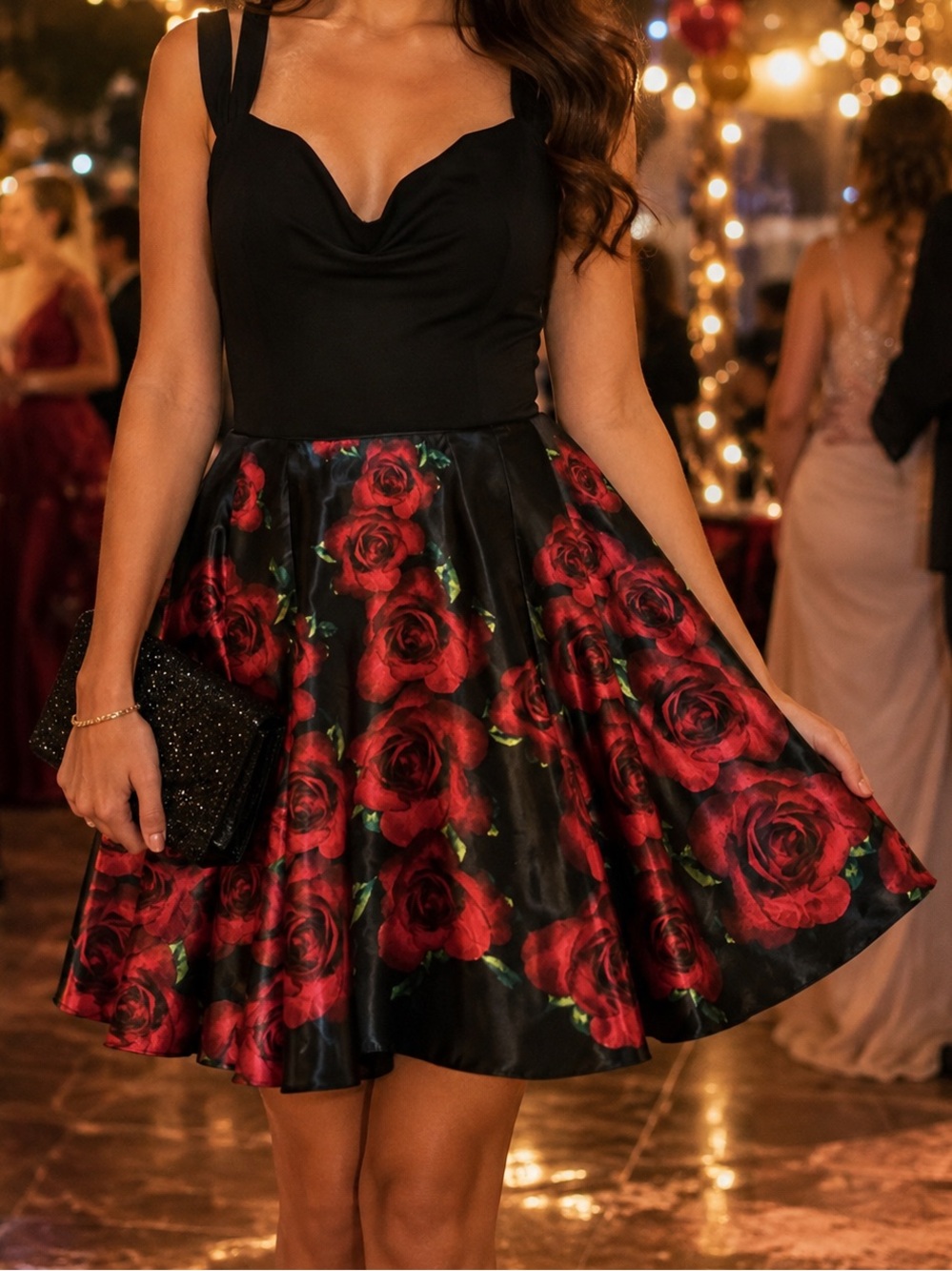 Blondie Nites Black Red Rose Floral Fit & Flare Party Dress Juniors 13